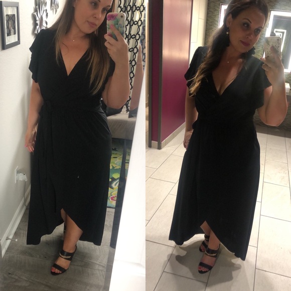 FAB’RIK Black Wrap Hi Lo Dress with Flutter Sleeves - Picture 1 of 7